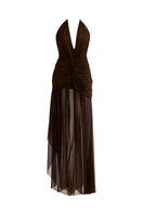 Brown TESS draped maxi dress by Deme By Gabriella featuring elegant flowing fabric and a stylish, relaxed fit.