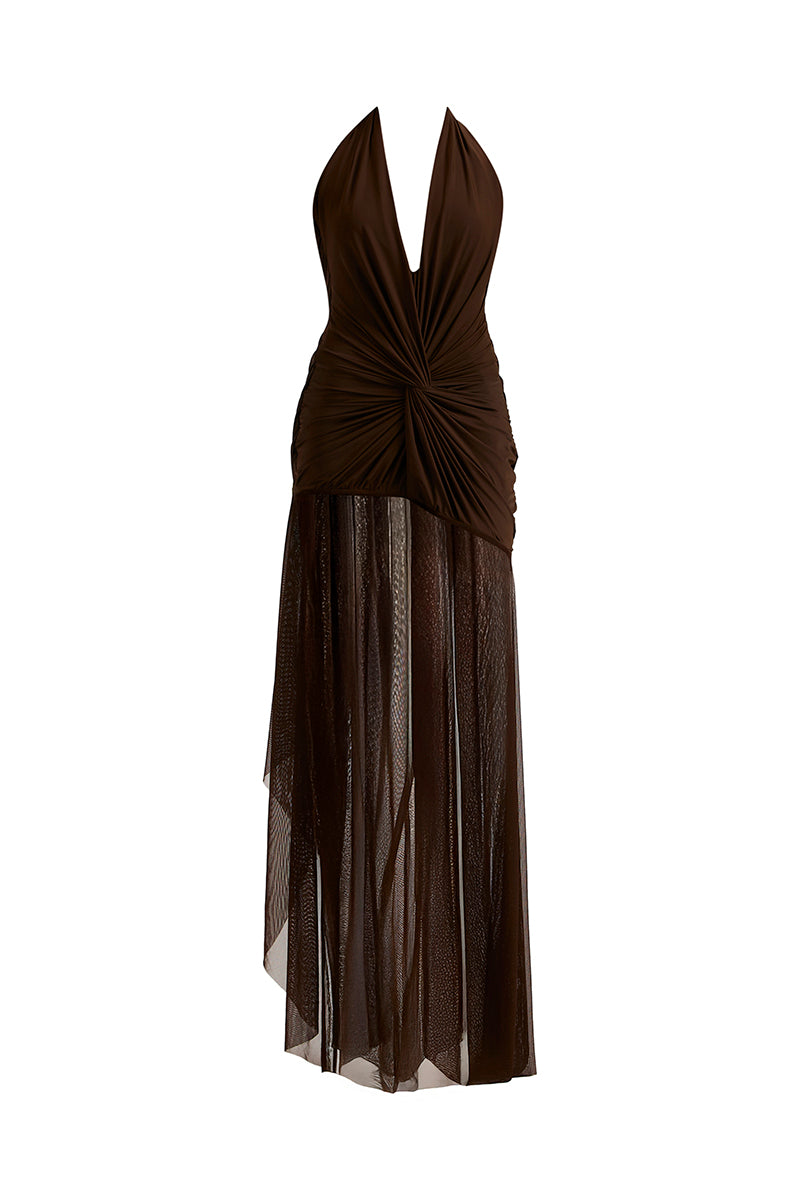 Brown TESS draped maxi dress by Deme By Gabriella featuring elegant flowing fabric and a stylish, relaxed fit.
