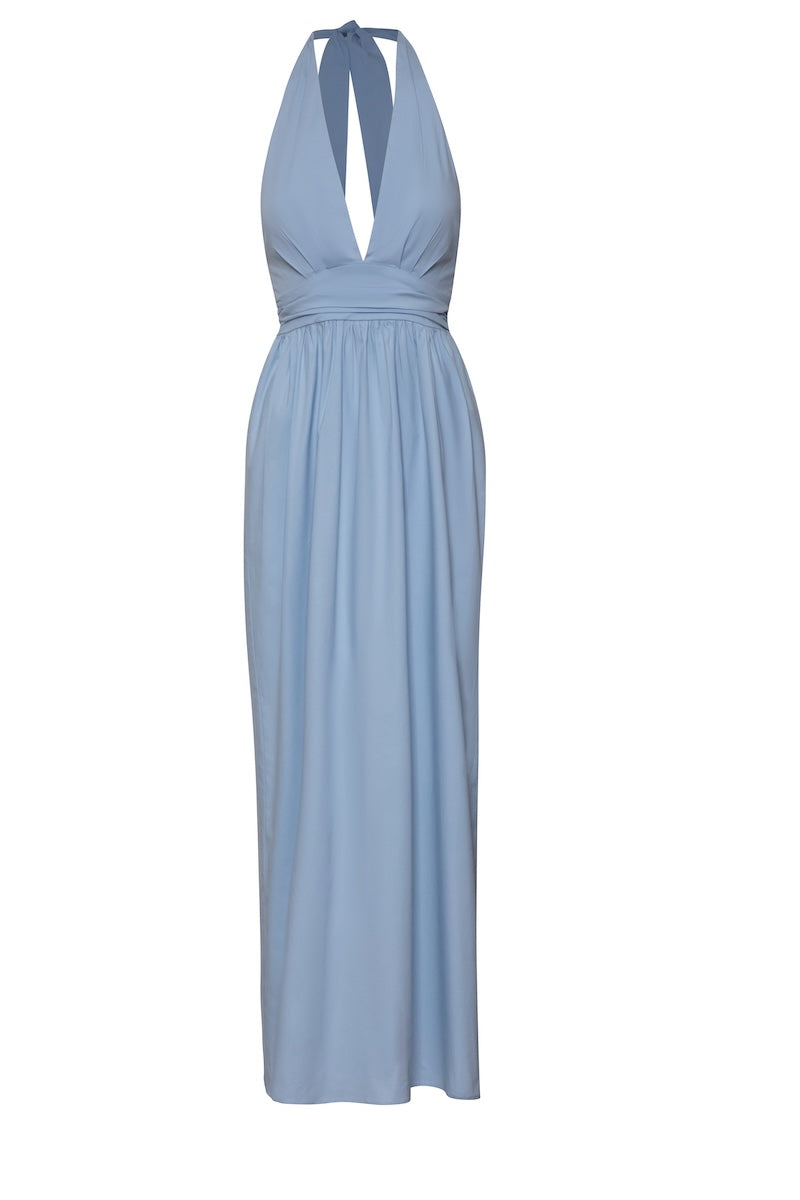 Baobab Agustina maxi dress in vibrant blue with flowing fabric and elegant design, perfect for summer or special occasions.
