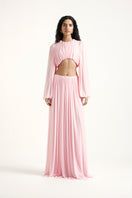 Deme By Gabriella Betty Co-ord Set in Noa Pink, stylish matching top and pants ensemble on a model.