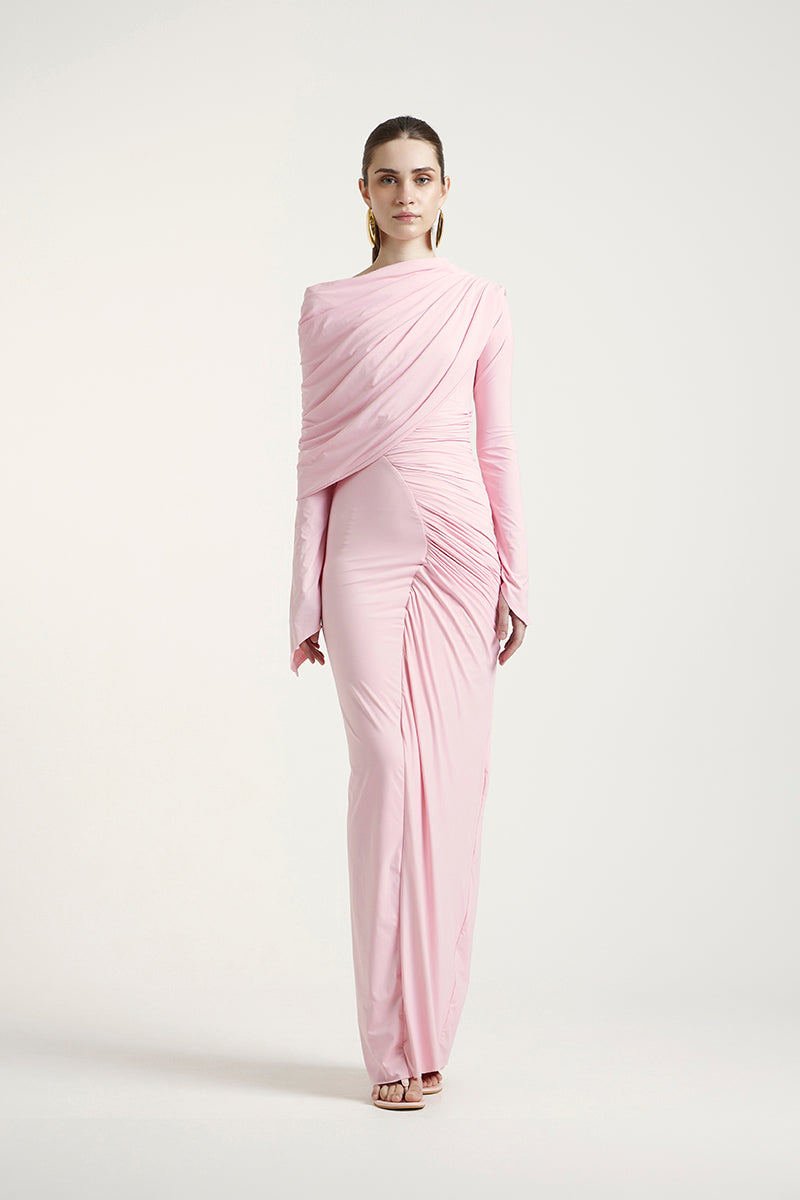 Deme By Gabriella russett dress in Noa Pink, elegant gown with flowing fabric and delicate design, perfect for formal occasions.