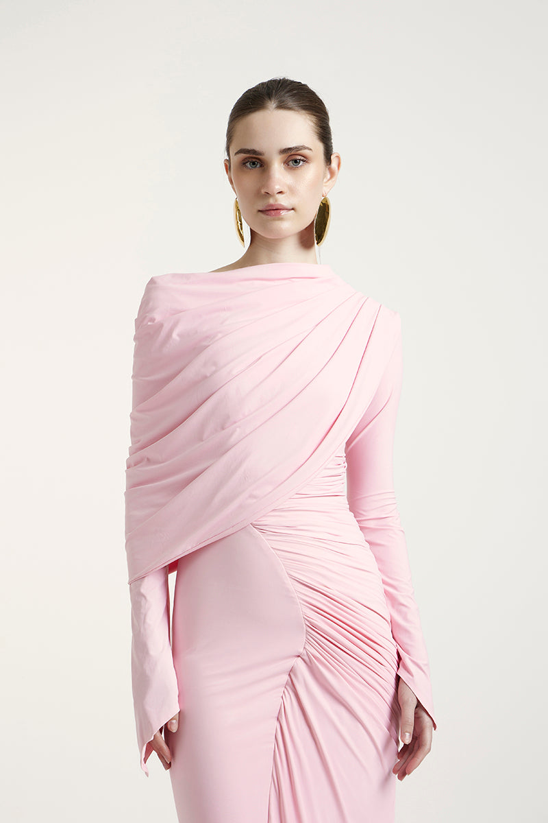 Deme By Gabriella Russett dress in Noa Pink maxi dress with flowing fabric and elegant design, perfect for summer occasions.