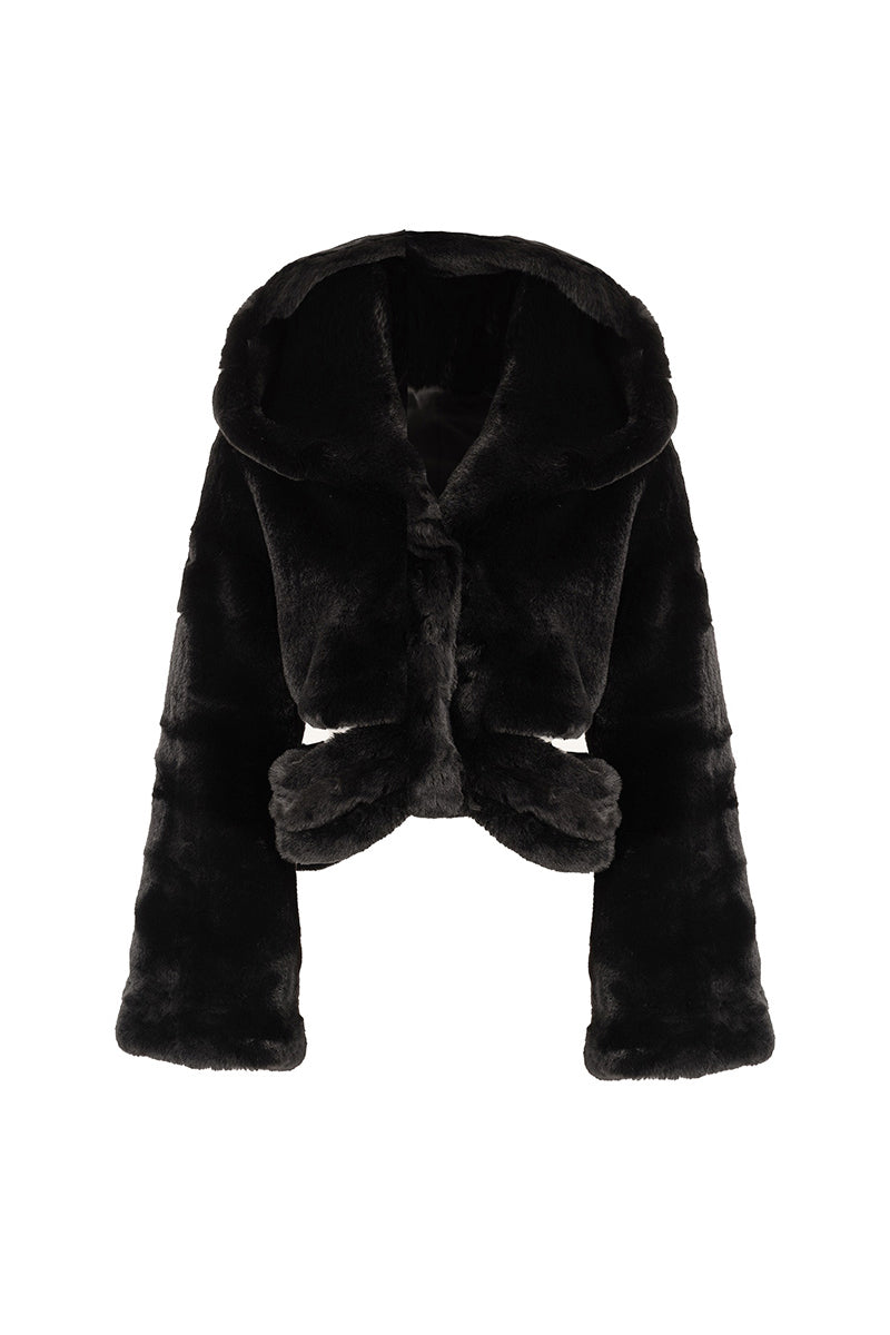 Black hooded fur jacket with stylish cutouts by Kris Marán, featuring a cozy hood and modern design.