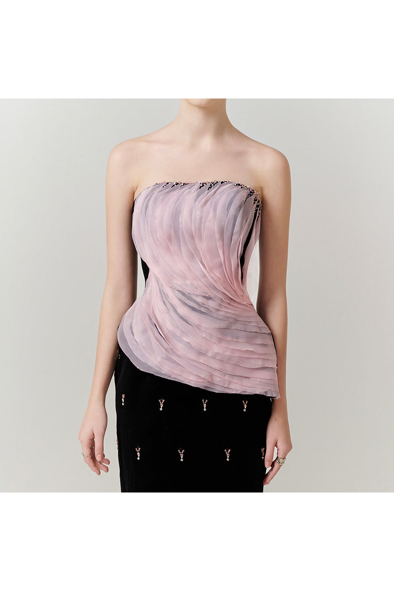 Elegant wave-embellished gown with crystal accents by Happy Clothing, featuring flowing fabric and intricate detailing.