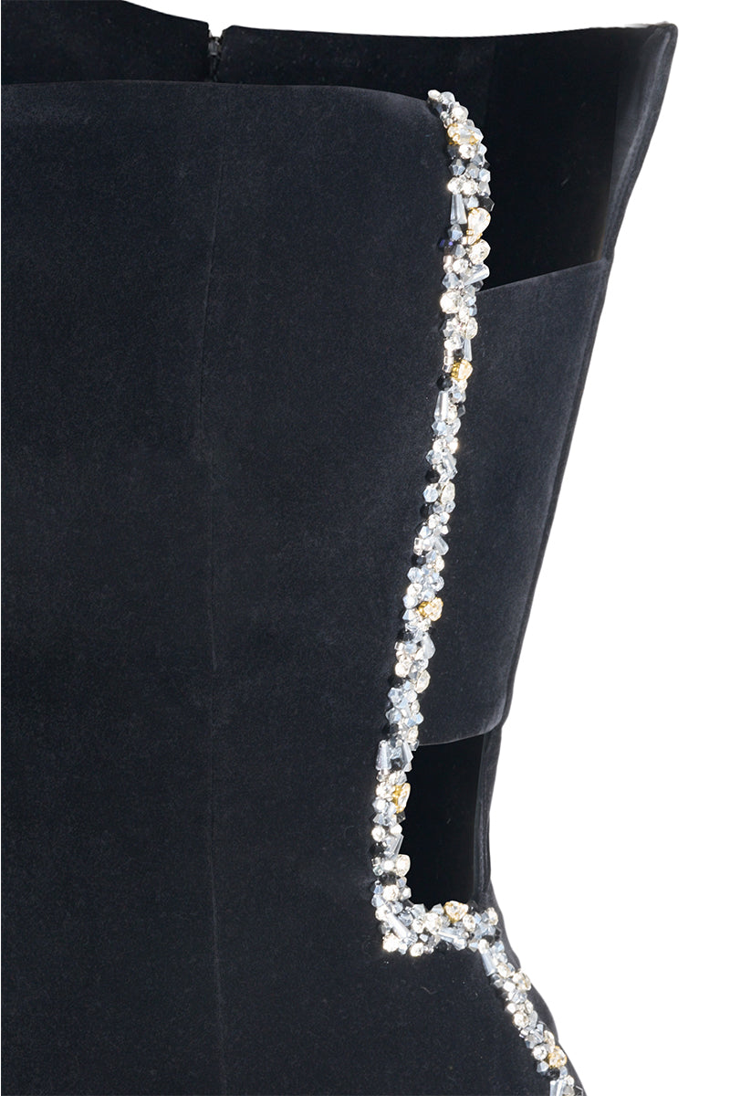 Black velvet maxi dress with stone embellishments from Happy Clothing, featuring a sleek, elegant silhouette and intricate detailing.
