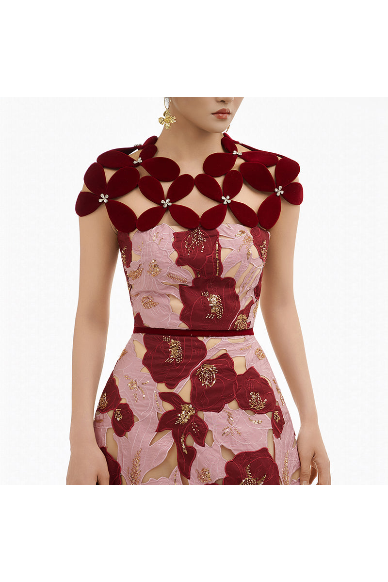 Elegant rose petal couture gown by Happy Clothing featuring a flowing column dress with intricate floral details.