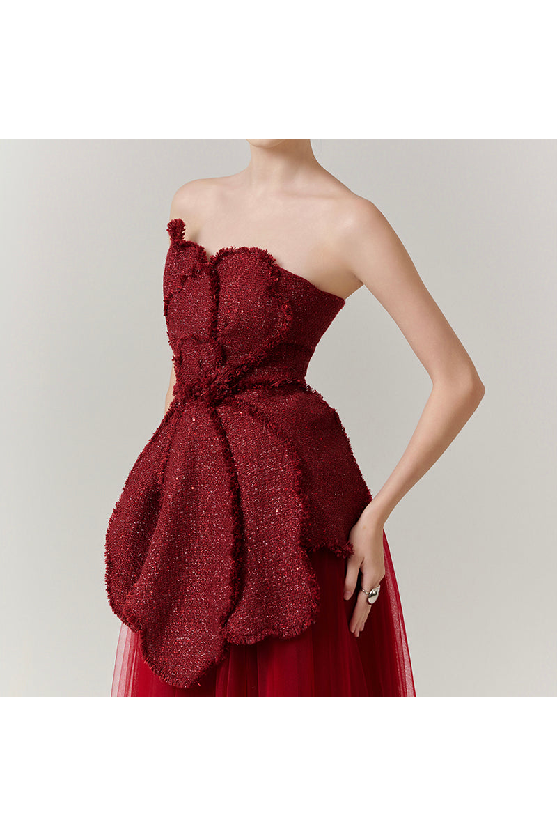 RED FLORAL TWEED AND ORGANZA MAXI DRESS - CULT MIA