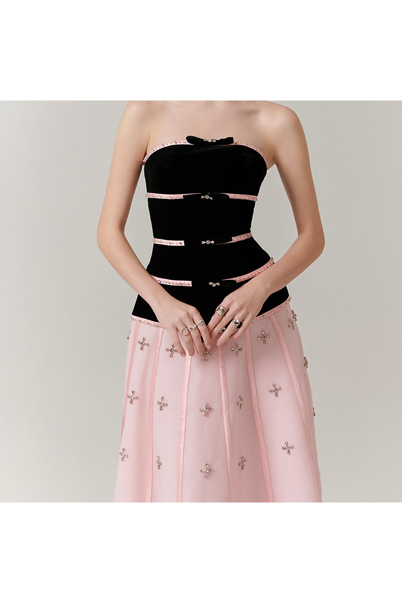 Elegant velvet and crystal A-line gown by Happy Clothing, featuring a flowing silhouette and intricate detailing.