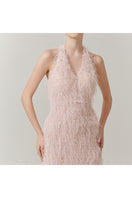 Elegant V-neck feather polyester gown from Happy Clothing, floor-length dress with a flowing silhouette and soft feather details.