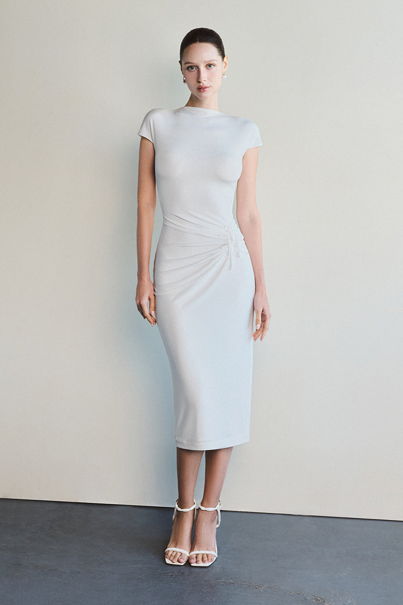 IVORY RUCHE WHITE MIDI DRESS - CULT MIA