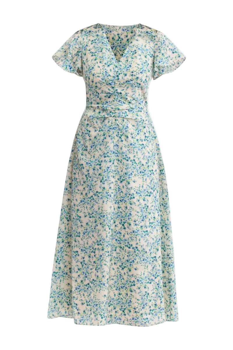 Rebecca Taylor Bellamy silk midi dress in cream with multi-colored floral pattern, elegant and flowing for spring occasions.