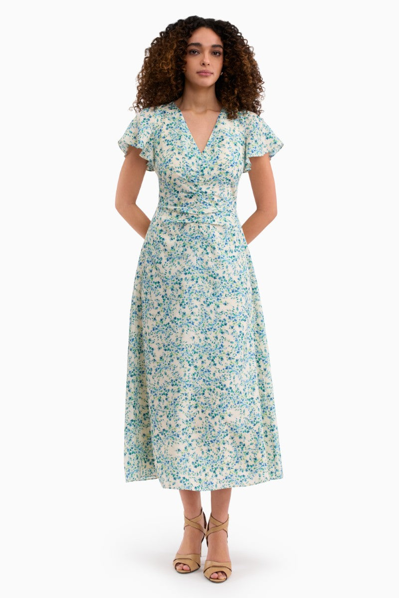 Rebecca Taylor Bellamy Silk Dress in cream multi, a stylish midi dress with floral pattern for spring occasions.