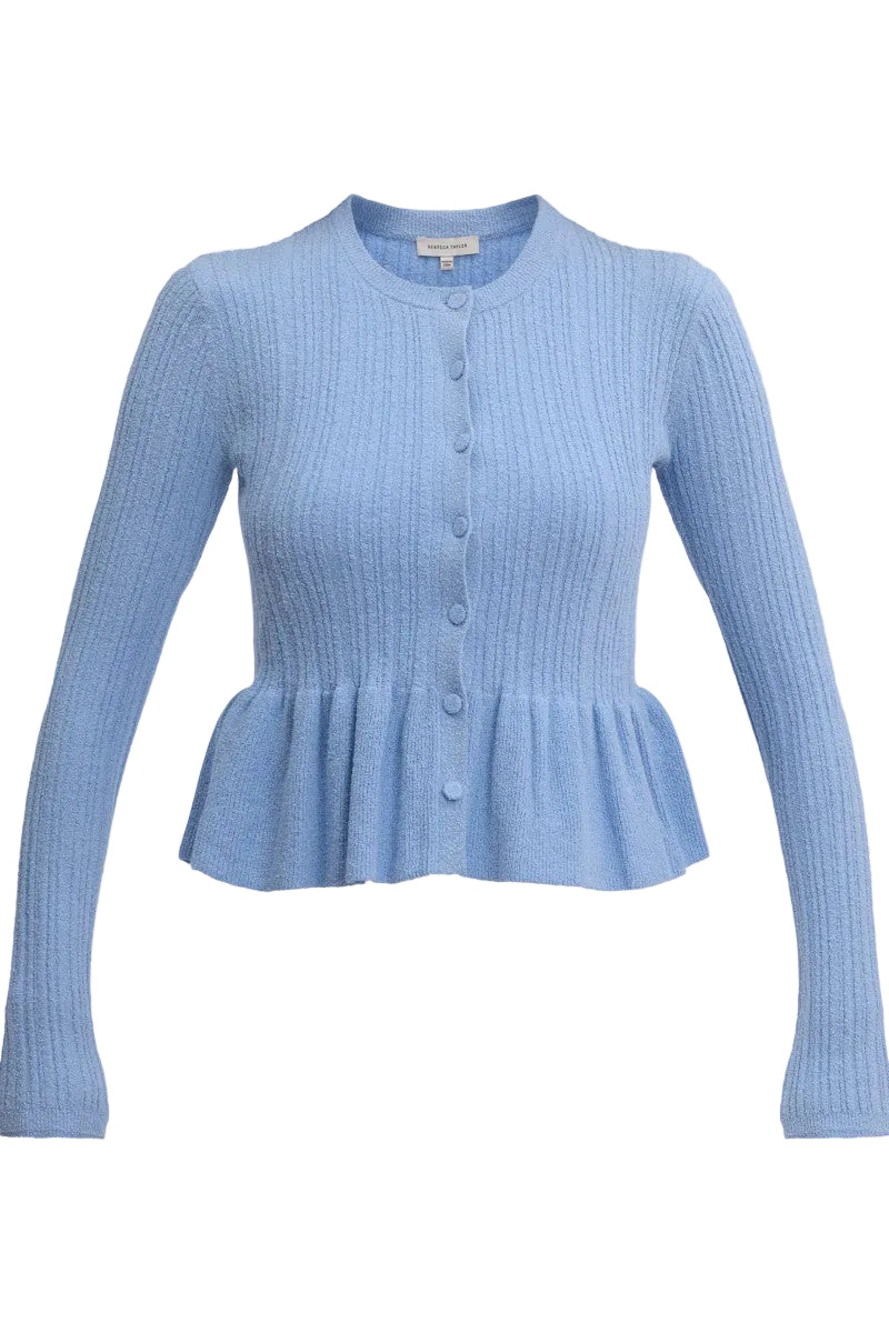 Rebecca Taylor azure boucle knit cardigan with long sleeves and a relaxed fit, perfect for spring layering.