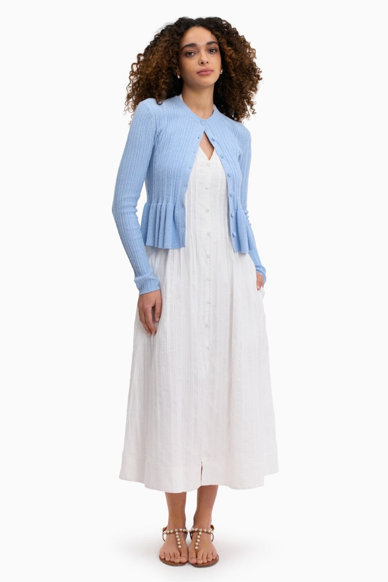 Rebecca Taylor boucle knit cardigan in azure, showcasing soft textured fabric and classic fit, perfect for spring wardrobe.