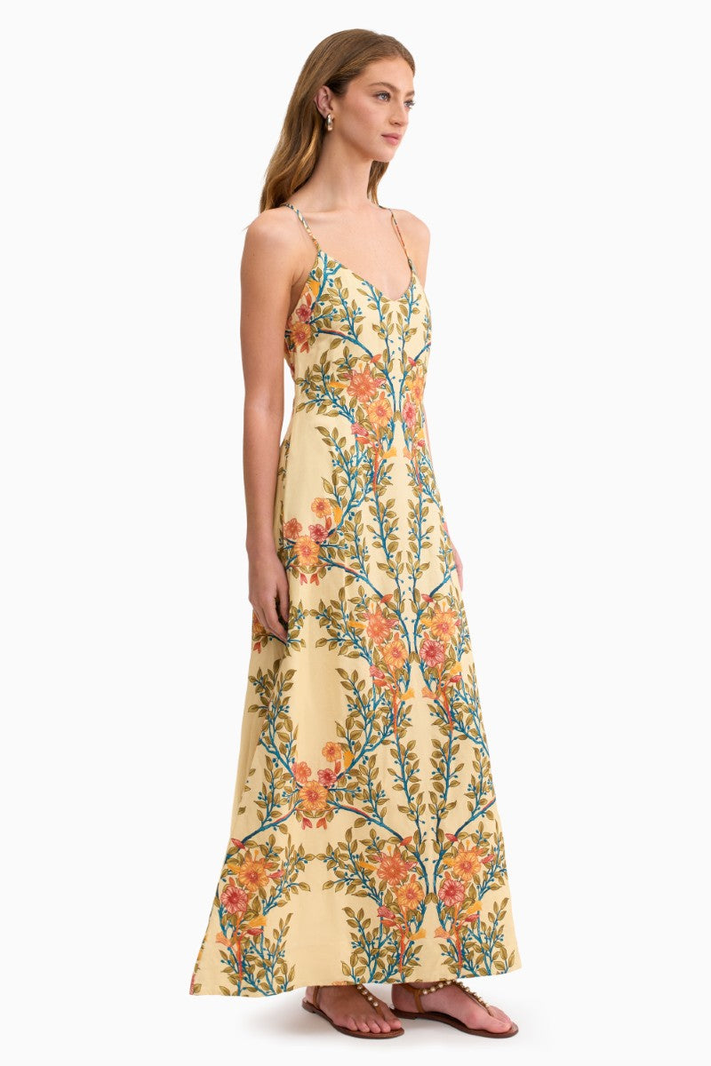 Rebecca Taylor CLEO printed maxi dress in buttercream with colorful floral pattern, flowing fabric, and elegant design.