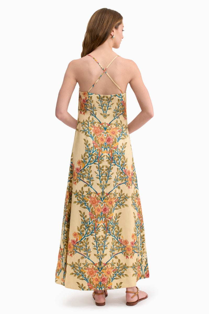Rebecca Taylor CLEO printed maxi dress in buttercream with colorful floral pattern, flowy fabric, and elegant design.