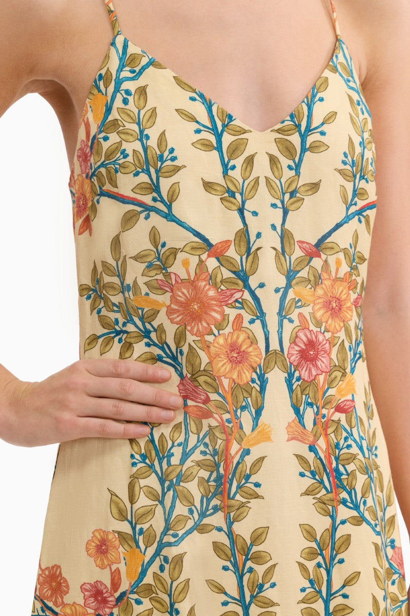 Rebecca Taylor CLEO printed maxi dress in buttercream with colorful floral pattern, flowing fabric, and elegant design.