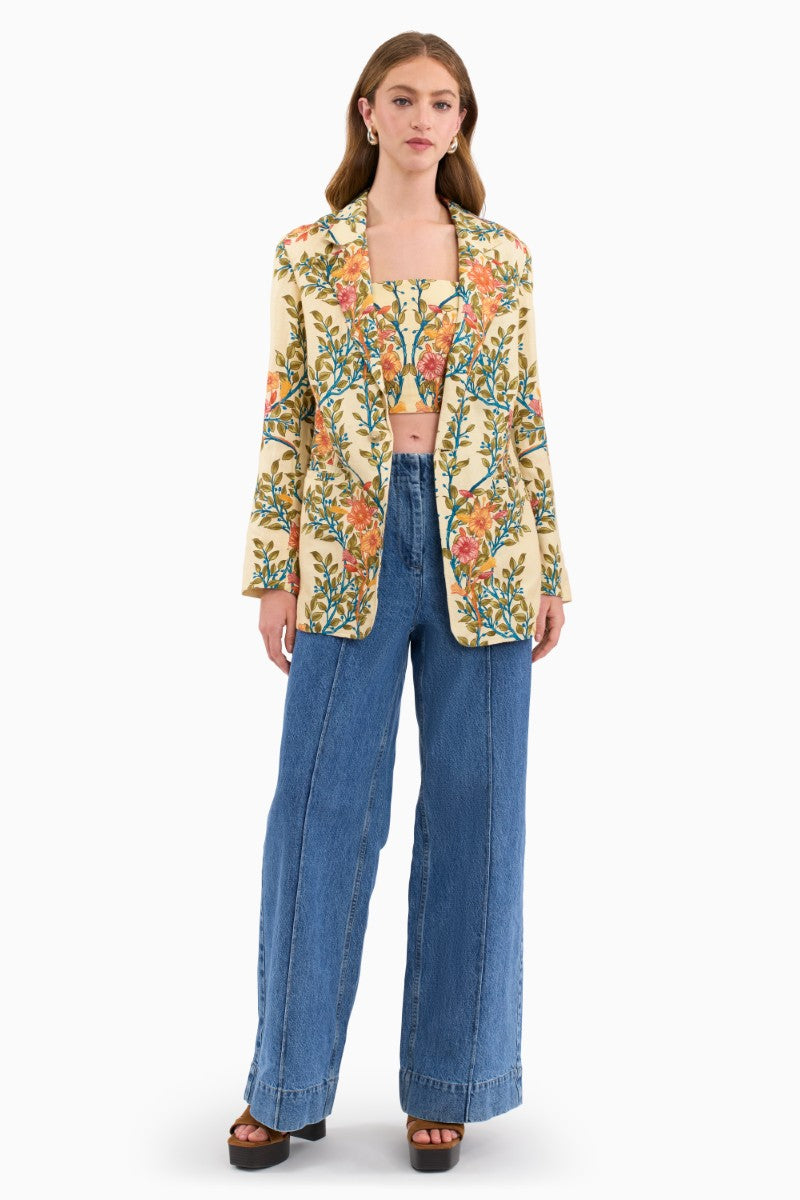 Rebecca Taylor CLEO printed blazer in buttercream with colorful floral pattern, tailored fit, long sleeves, and notched lapel.