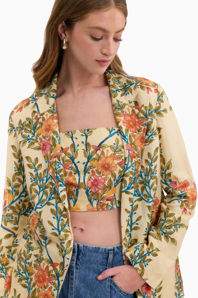 Rebecca Taylor CLEO printed blazer in buttercream multi, tailored blazer with colorful floral pattern, front button closure.