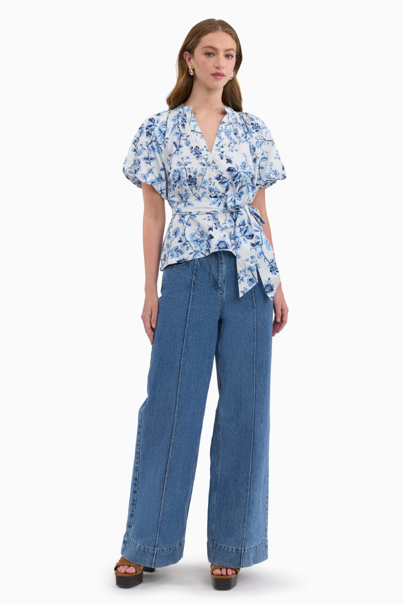 Rebecca Taylor Emelia printed blouse in Alaskan Blue Multi, featuring a stylish floral design and lightweight fabric.