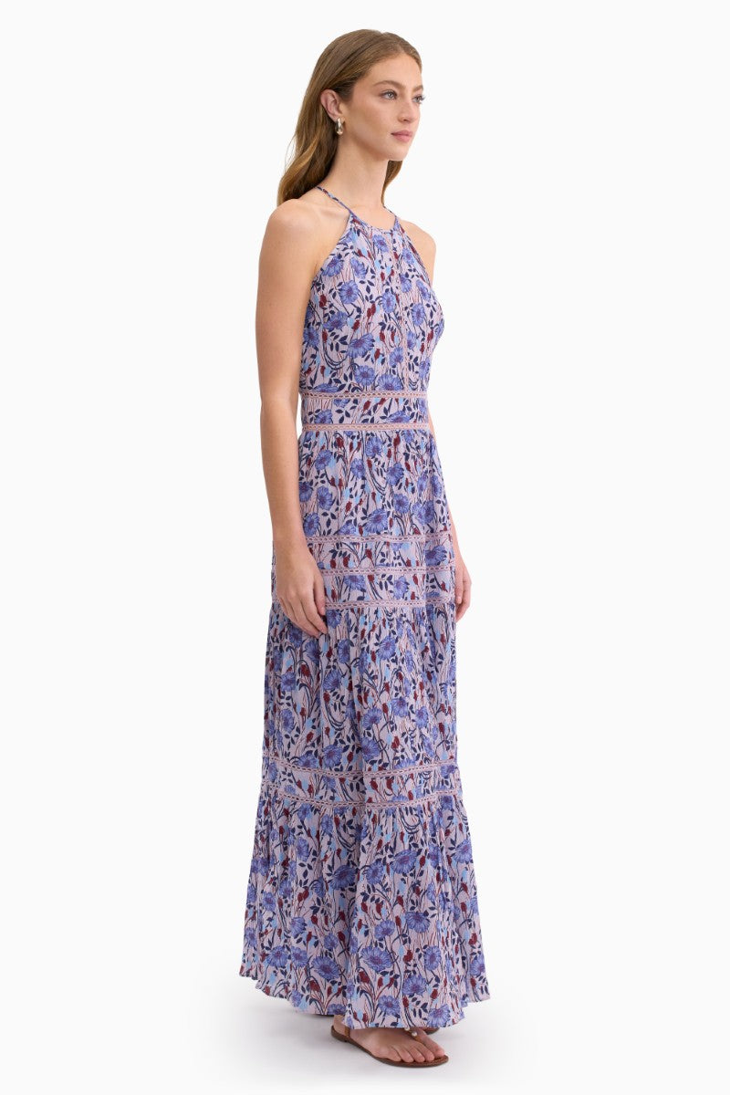 Rebecca Taylor Daphne Crinkle Maxi Dress in Iris Multi with vibrant floral pattern, flowing fabric, and elegant design.