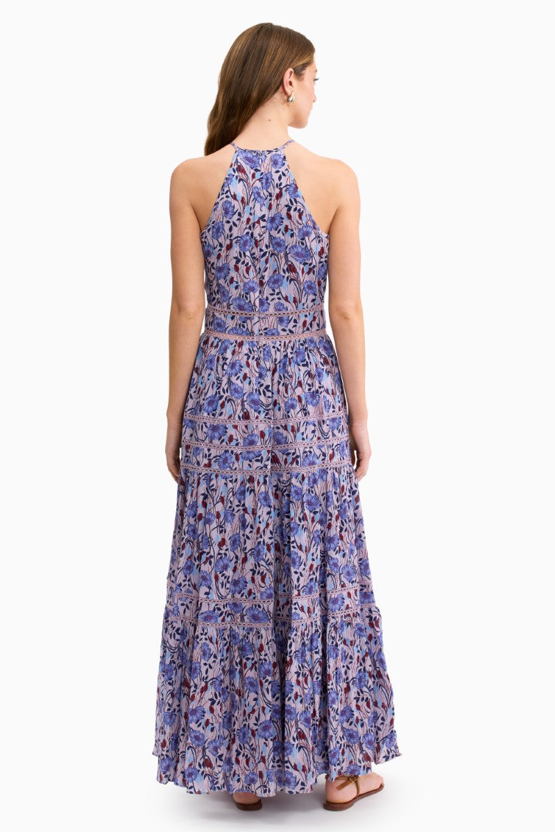 Rebecca Taylor Daphne crinkle maxi dress in Iris multi with a flowy, patterned fabric perfect for spring events.