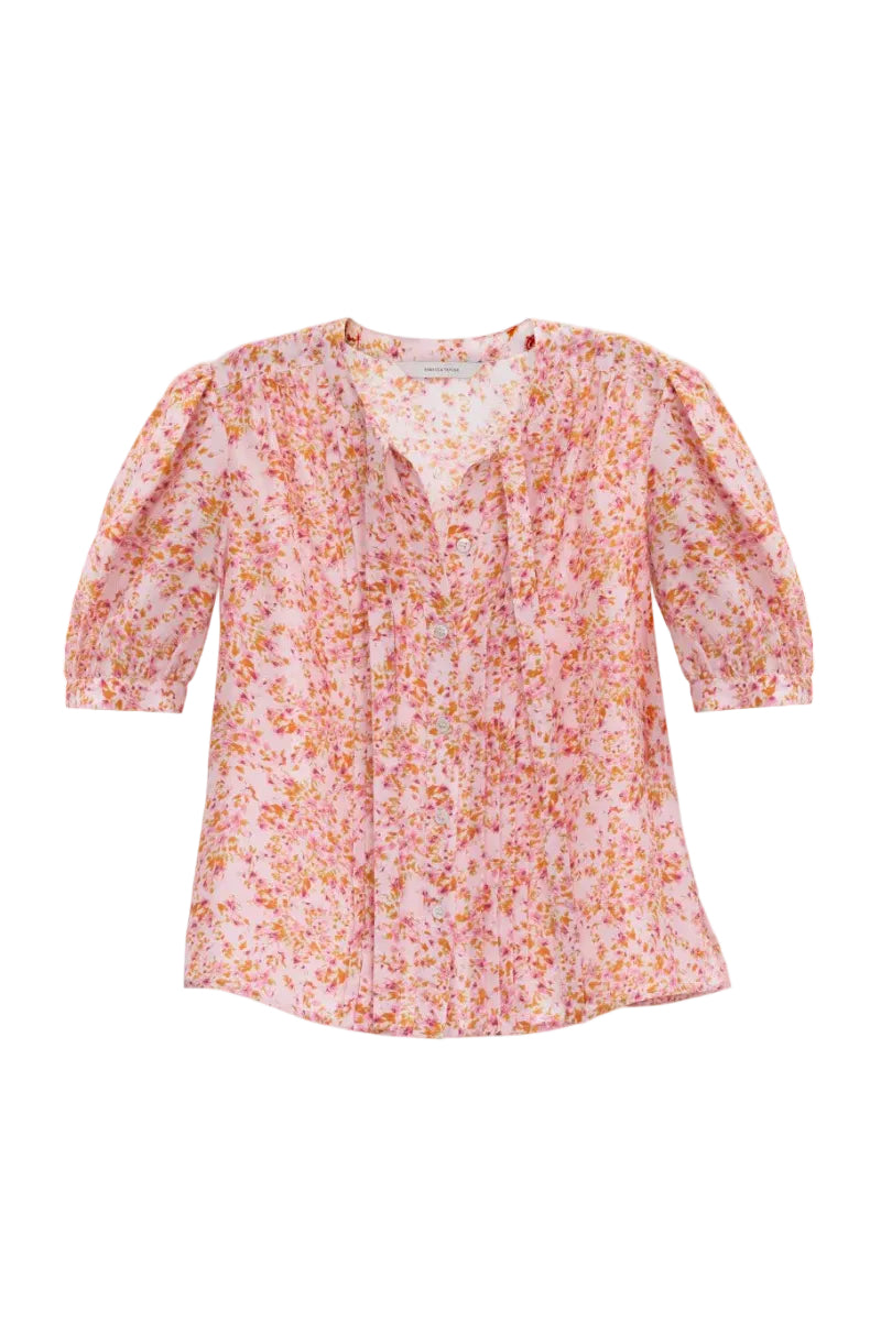 Rebecca Taylor Bellamy silk blouse in pale pink multi, featuring lightweight fabric and stylish design for elegant spring wear.