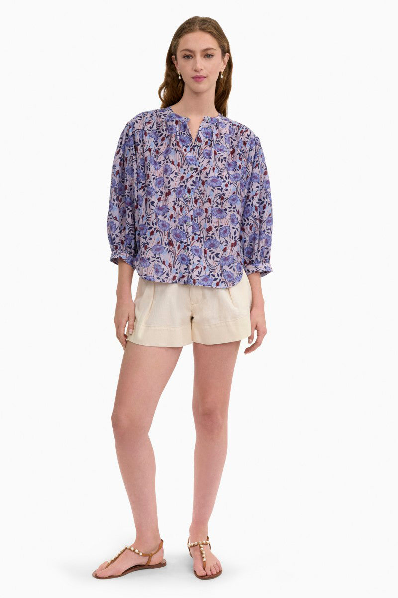 Rebecca Taylor Daphne blouse in iris multi with floral pattern, lightweight fabric, and relaxed fit, styled on a model.