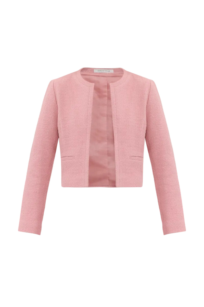 Rebecca Taylor Margot tweed jacket in vintage rose, shown with classic tailored fit and textured fabric, stylish for spring.