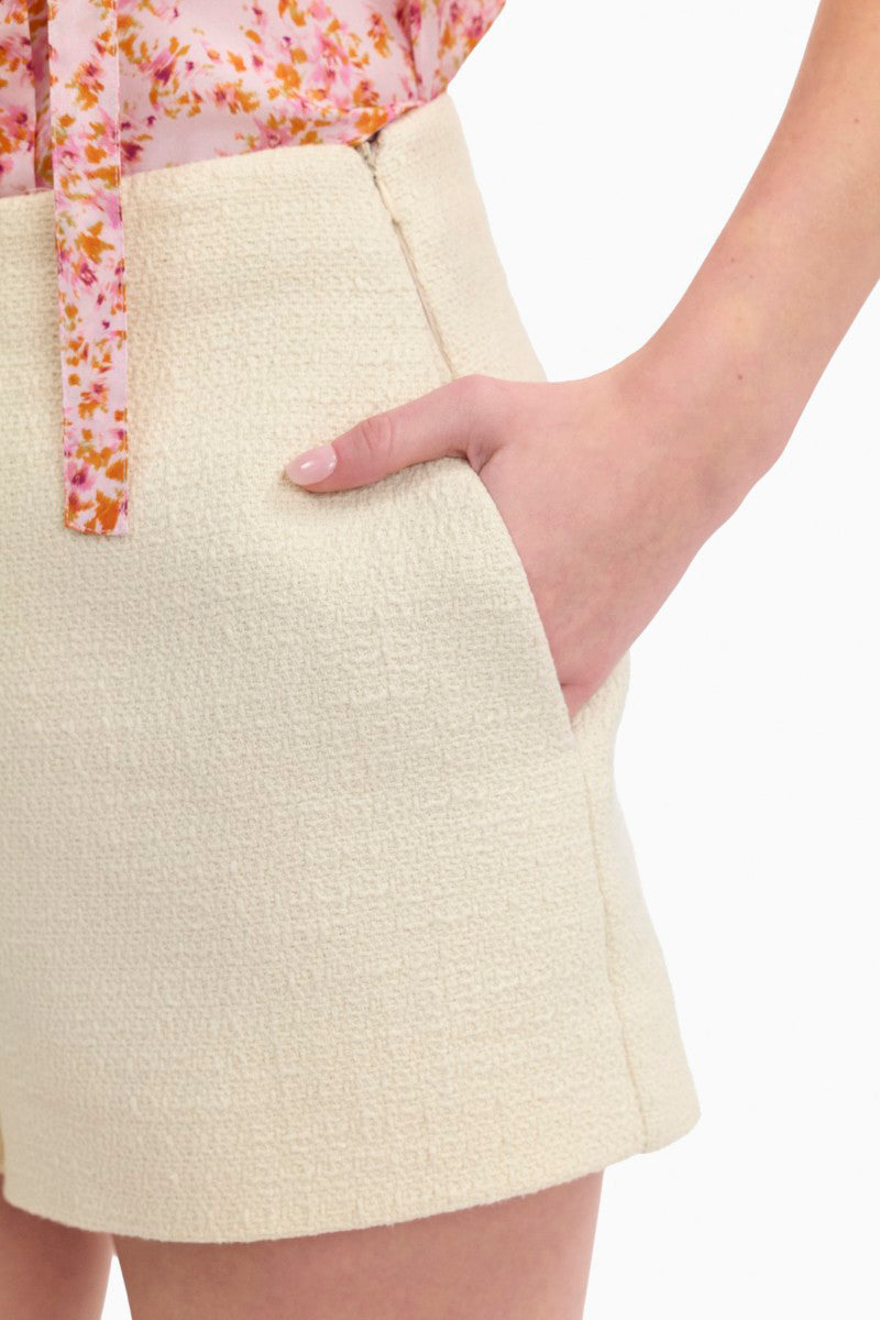 Rebecca Taylor Margot Tweed Shorts in cream, stylish women's shorts with a classic tweed texture and tailored fit.