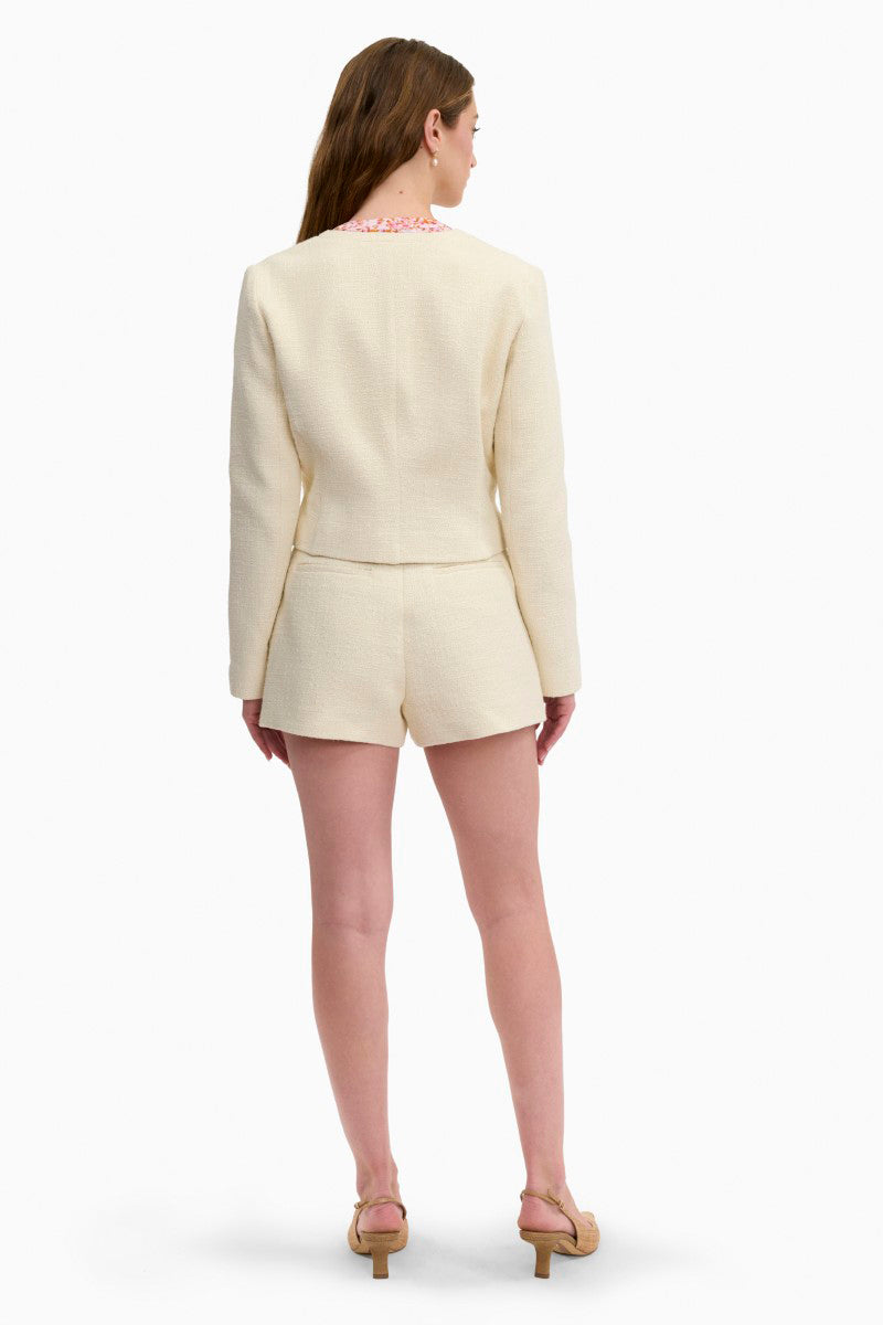 Rebecca Taylor Margot Tweed Cream Jacket, close-up of stylish women’s jacket with textured tweed fabric and classic design.