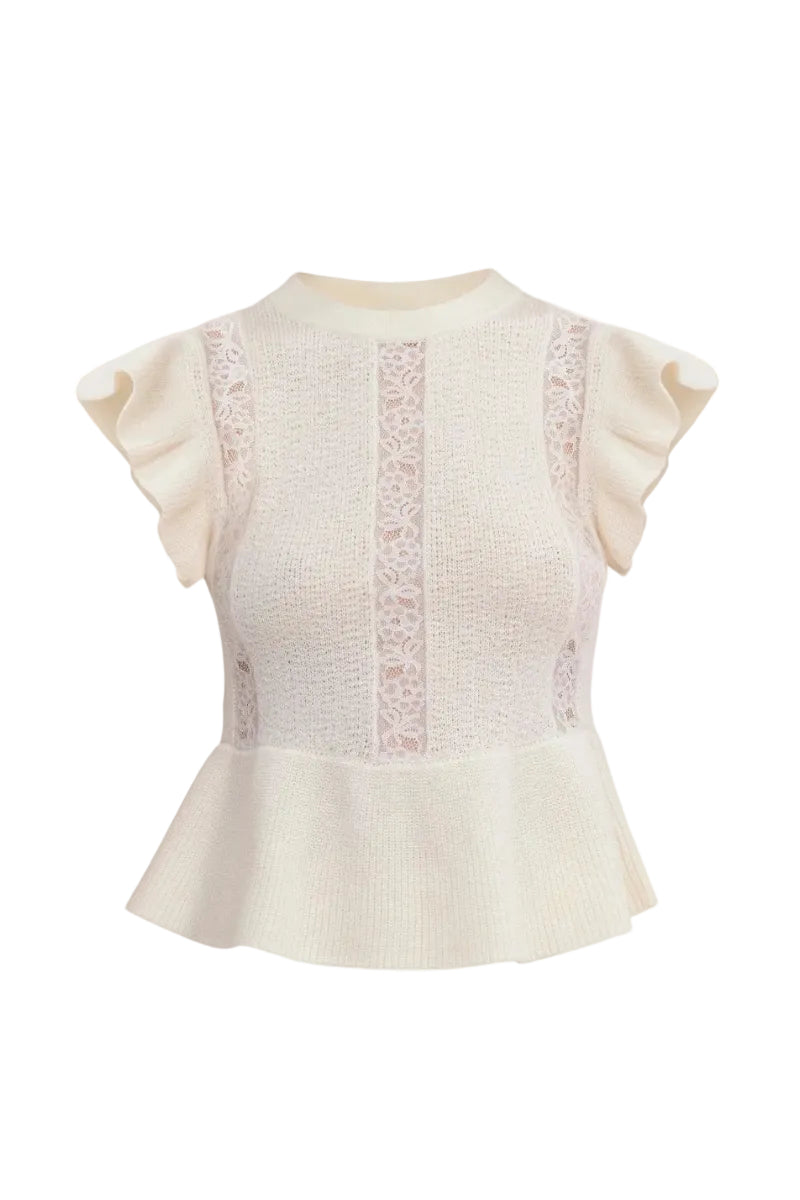 Rebecca Taylor Rhea lace knit ivory sweater, soft and cozy top with delicate lace details, perfect for spring layering.