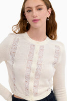 Rebecca Taylor Rhea lace knit ivory cardigan, lightweight spring tops with intricate lace details and a cozy fit.