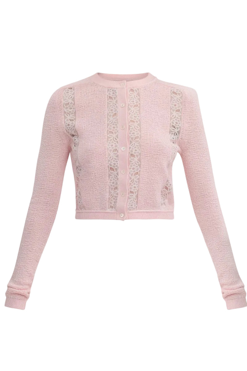 Rebecca Taylor Rhea lace knit cardigan in peony pink, featuring delicate lace details and soft knit fabric.