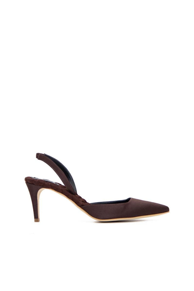 A pair of AERA Gabriella brown satin slingback heels with pointed toes and elegant heel design.