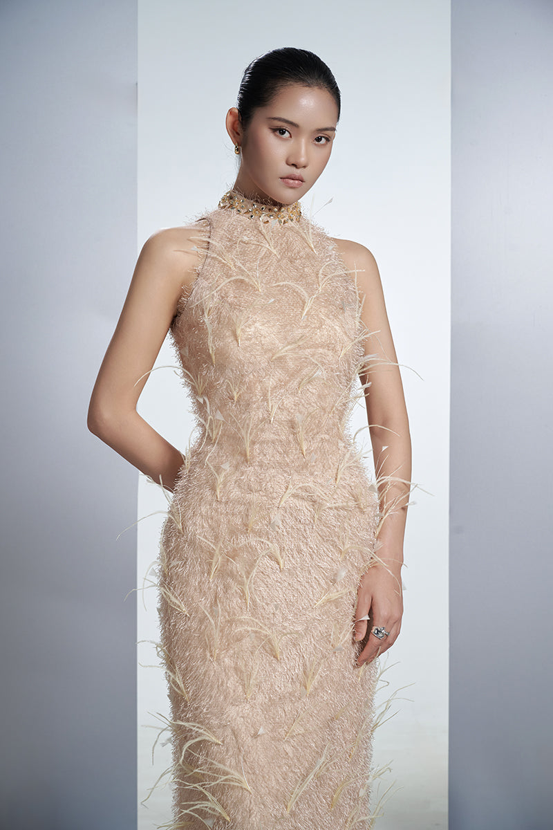 FEATHER MAXI DRESS IN BEIGE - CULT MIA
