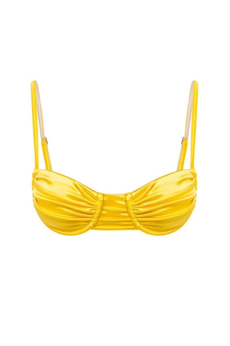 Suncillo Gina glossy bikini top in Sicily yellow with adjustable straps and a sleek, shiny finish, perfect for swimwear.