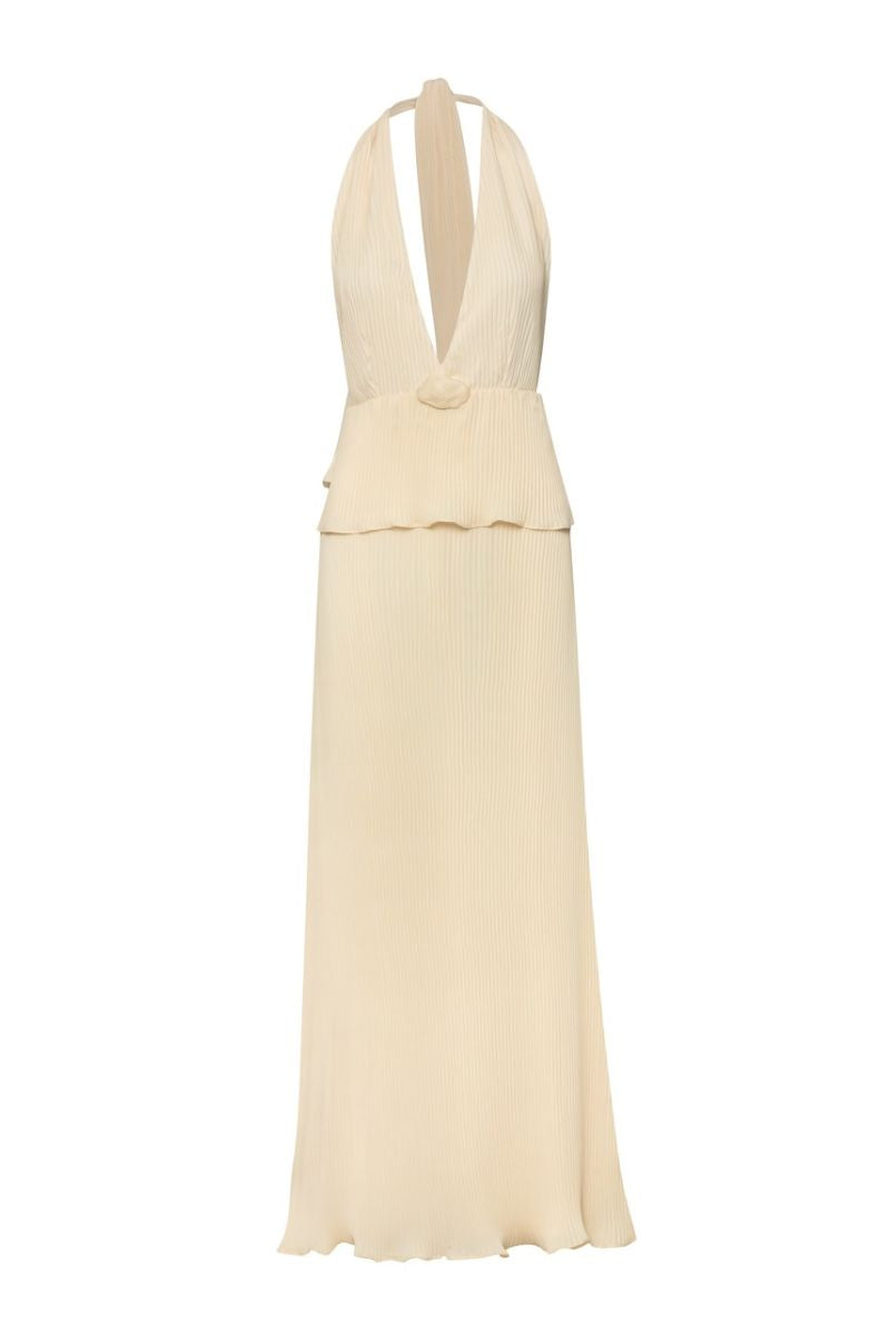 Baobab Maxi Dress from MERIDA collection, flowing fabric, sleeveless design, and vibrant pattern perfect for summer wear.
