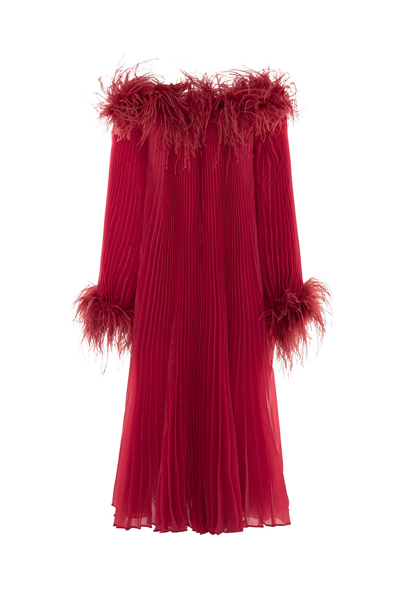 Red Valenciani midi dress with ostrich feather trim and pleated design, shown on a hanger.