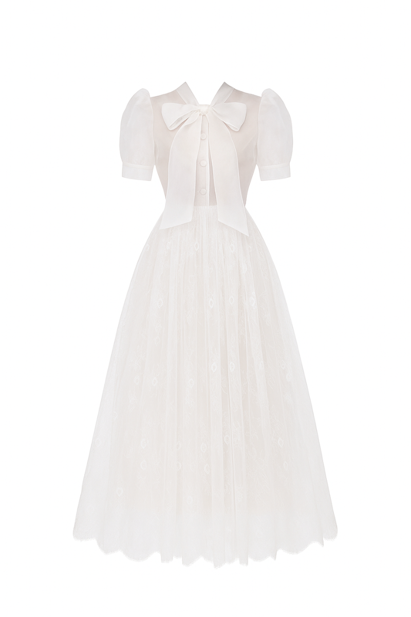 White Plan ILLEN midi dress with a fitted bodice and flowing skirt, stylish and elegant for casual or formal occasions.