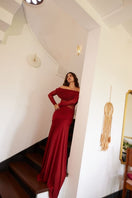 Deme By Gabriella Carla Maroon Draped Gown with elegant flowing fabric and sophisticated design, perfect for formal occasions.