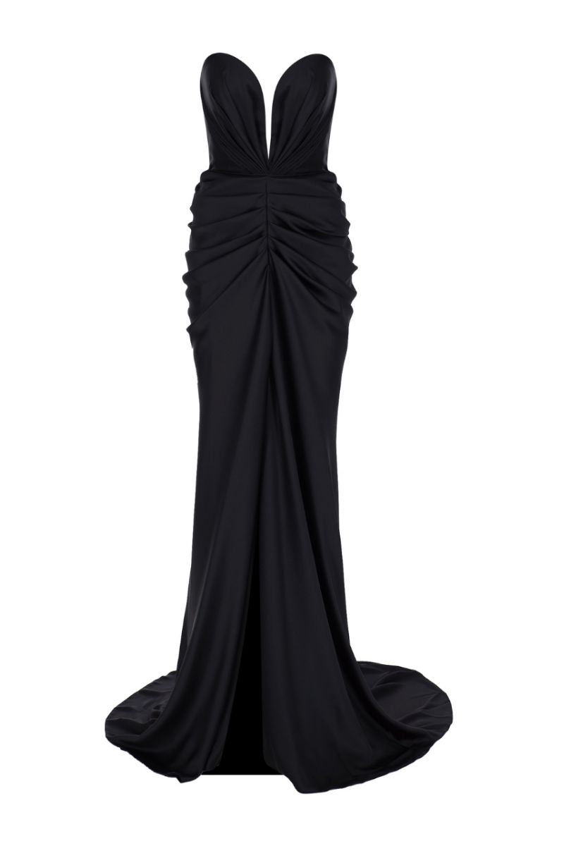 HOLA BLACK PLUNGING SATIN GOWN - CULT MIA