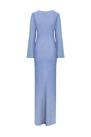 Blue BARU long maxi dress by LAURA ESCOBAR, featuring a flowing silhouette and elegant design, shown on a model.