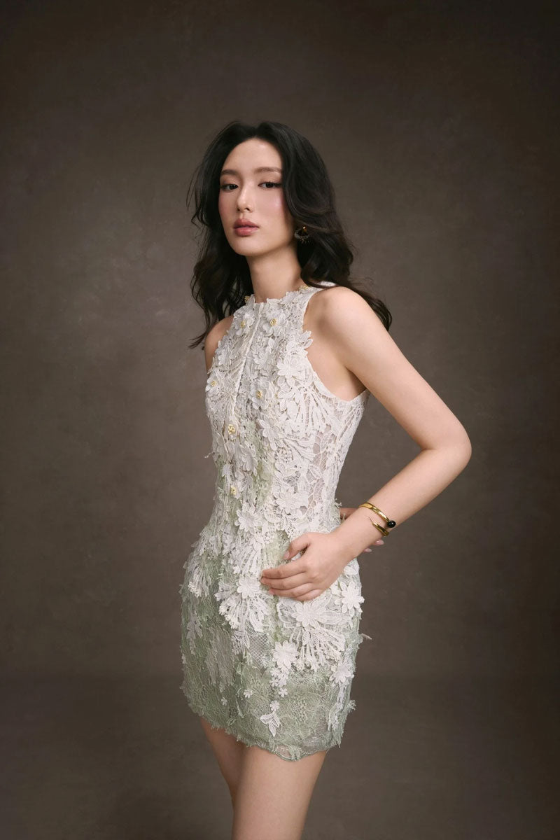 Keira Tong Gardenia Lace Dress, a stylish mini dress with intricate lace detail, perfect for elegant occasions.