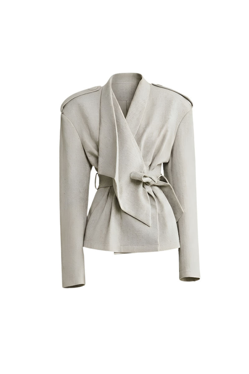 White Plan modern oriental structured co-ords set featuring a fitted top and matching trousers with intricate pattern details.