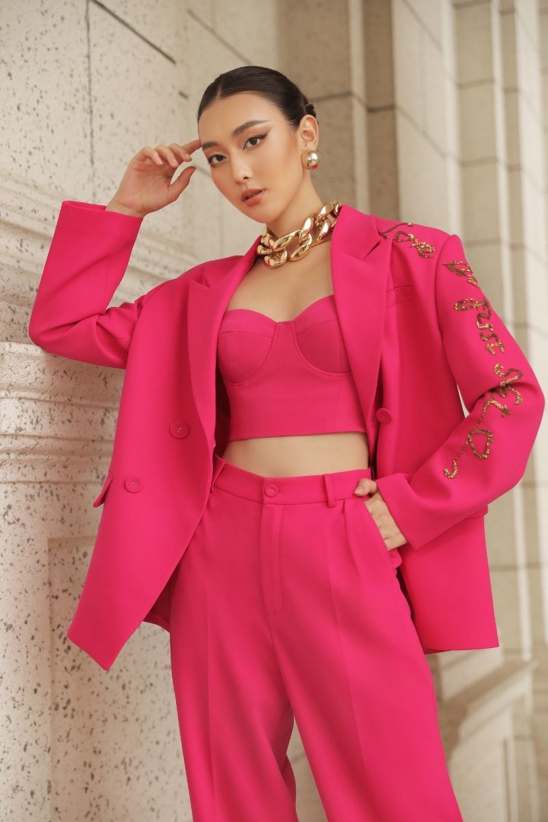 Pink Erica texture attached jacket set by 21Six, stylish co-ords with textured fabric and matching jacket and pants.