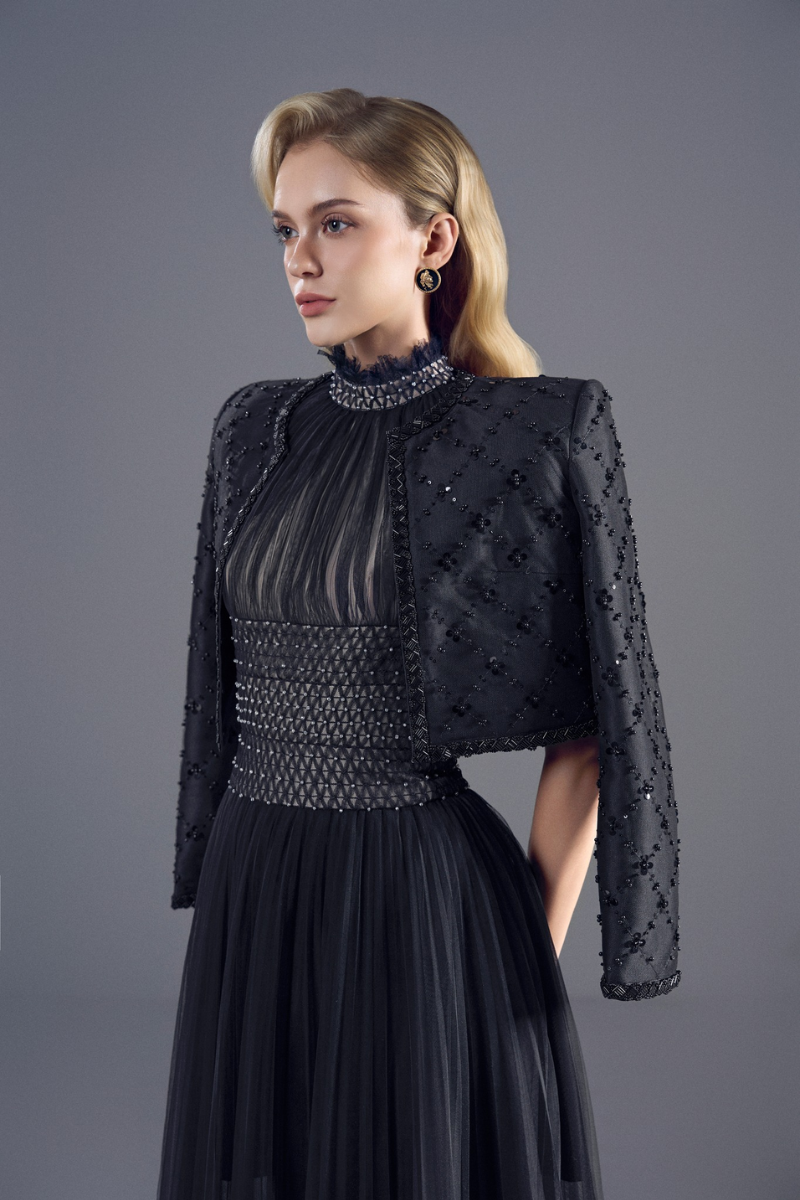 Black Lilly cropped jacket by Rosee De Matin, stylish lightweight jacket with a fitted design for casual or chic looks.
