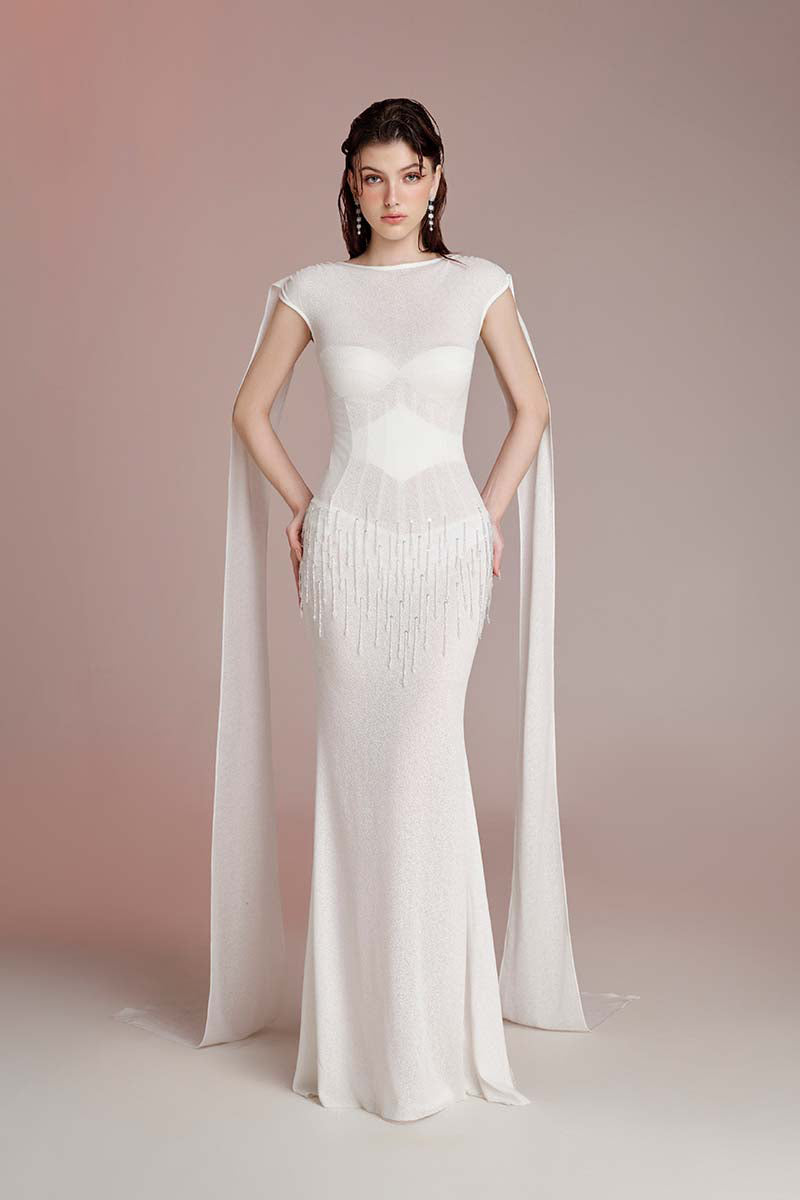 STARFALL WHITW CAPE MAXI DRESS