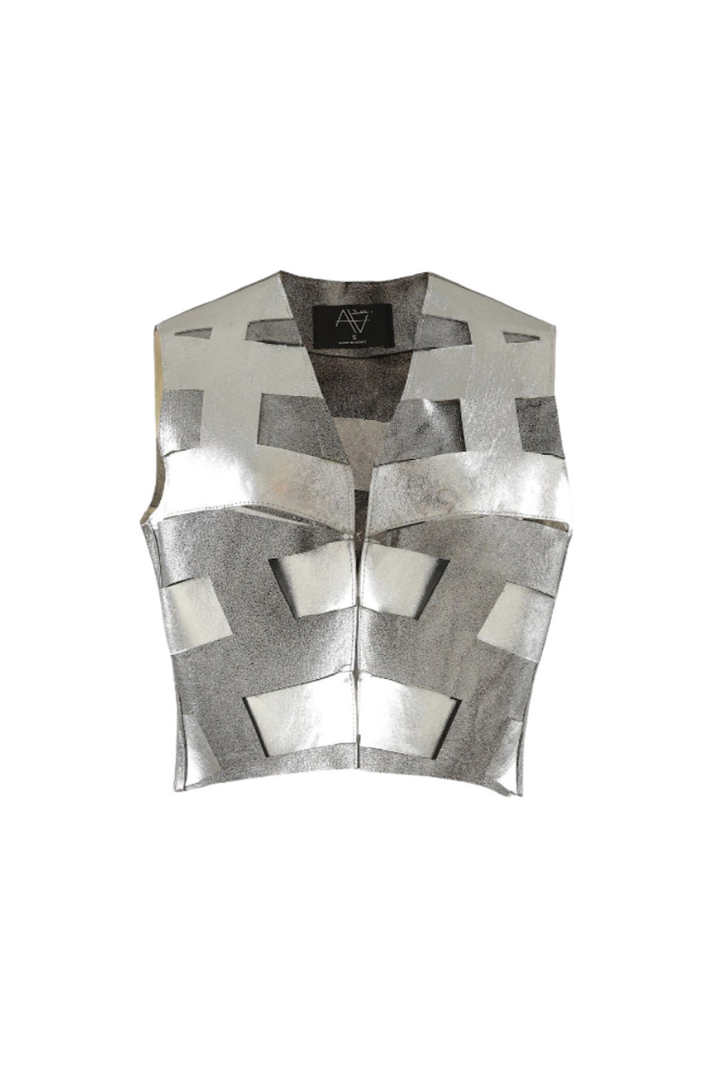 Double A Aiden leather vest in washed silver, featuring a sleek, fitted design with leather texture and silver-toned hardware.
