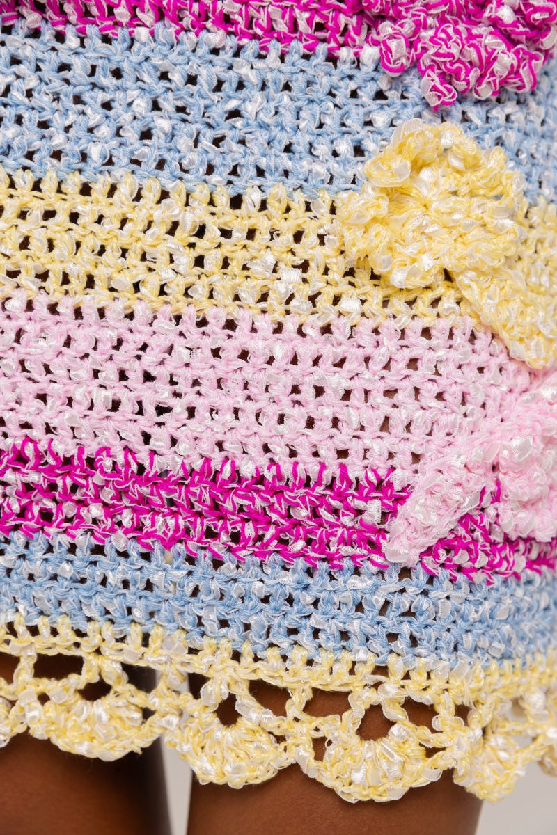 Andreeva handmade mini crochet skirt featuring intricate bird of paradise design, perfect for casual or boho fashion styles.